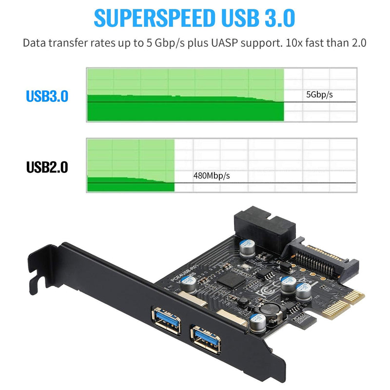 PCI-E USB 3.0 Card, PCI Express 1X 2 Ports with Internal 19 Pin USB 3.0 Connector Superspeed 5Gbps PCI-E USBIII Expansion Card Controller Adapter Support Windows 10/8 / 7 / XP Black-4USB