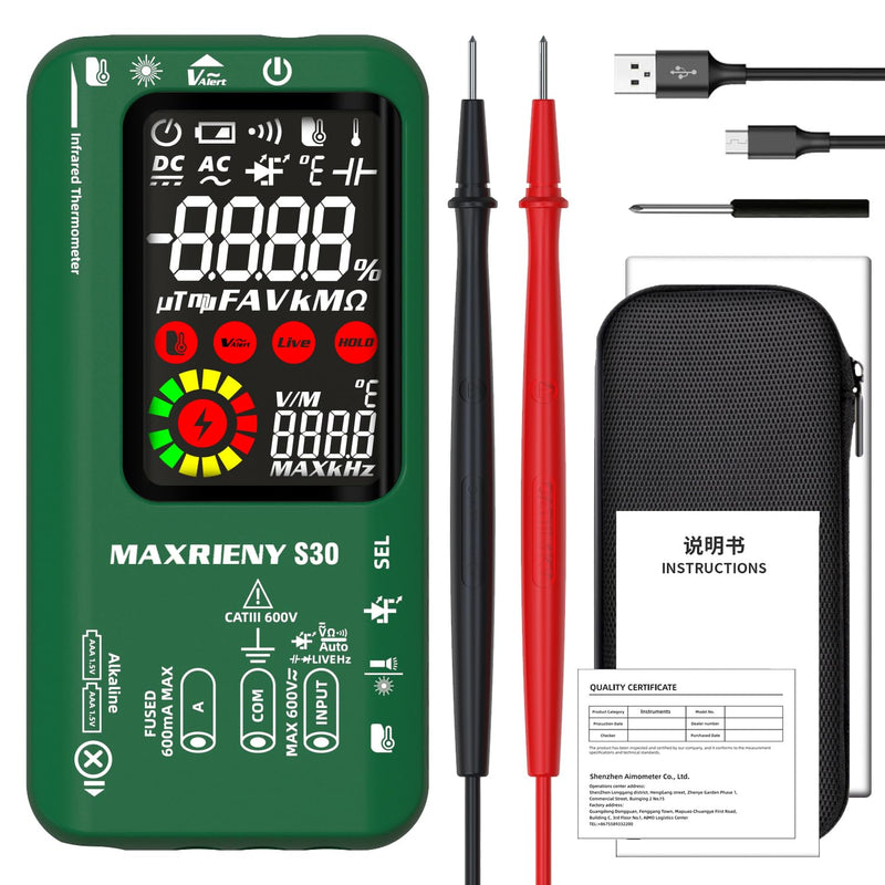Digital Multimeter Infrared Thermometer Rechargeable Smart Voltmeter 9999 Counts Electrical Current Tester Capacitance, High/Low Voltage Diode Tester for LED Automotive Electrician Electronic Rechargeable S30 with Infrared Thermometer