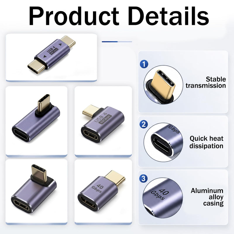5 Pack 5 Style USB C Right Angle Adapter, 90 Degree USB C Male to Female Adapters Right Angle Type-C Adapter Extender for Notebook Computers, Tablet and Mobile Phones 40Gbps 100W PD