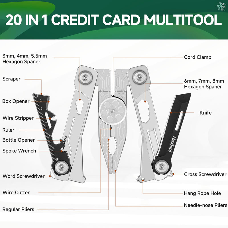 NexTool Folding Credit Card Multitool Wallet Multi Tool, 20 in 1 Stainless Steel Wallet Tool Card with Pliers, Knife, Bottle Opener,Hexagon Spanner, Compact, Lightweight EDC Tools,Gifts for Men Unique Pocket Size Sliver Credit Card Multitool