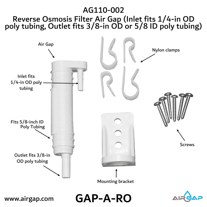 Reverse Osmosis Filter Air Gap (Inlet fits 1/4-in OD poly tubing, Outlet fits 3/8-in OD or 5/8-in ID poly tubing; AG110-002, KIT S-B, GAP-A-RO)