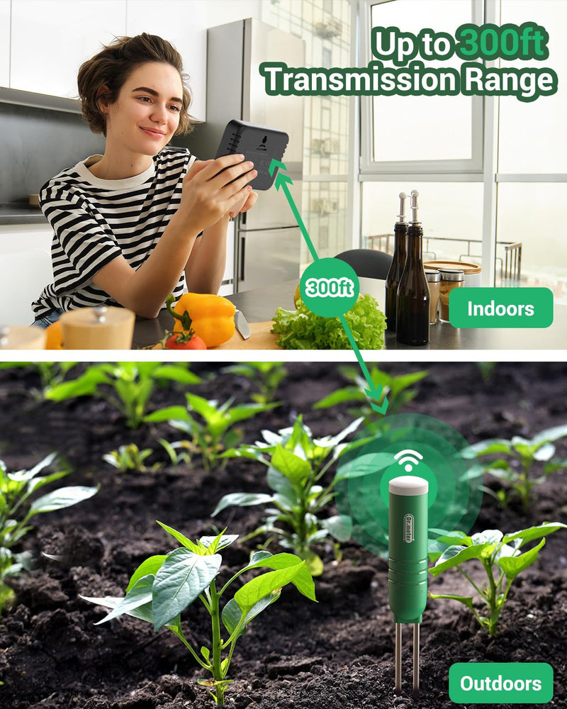 4-in-1 Soil Moisture Meter, 300ft Wireless Soil Tester Sensor, Temperature/Light/Time/Soil Hygrometer Monitor with Digital LCD Display for Indoor Outdoor Plants, Garden, Lawn, Gardening Gifts LCD Display + 1PCS Sensor