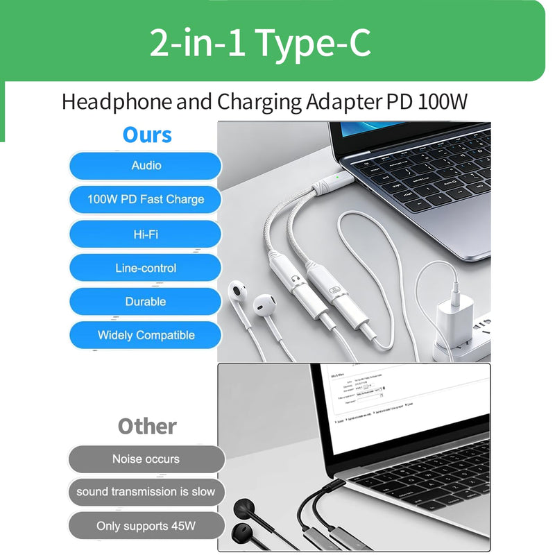 USB C Splitter 1 in 2 Out Dual USB C Headphone and Charger Adapter, White | Audio Jack Dongle with PD 100W Fast Charging Cable for iPhone 17 16 15 Pro Max, iPad, Samsung Galaxy S25 S24 Ultra