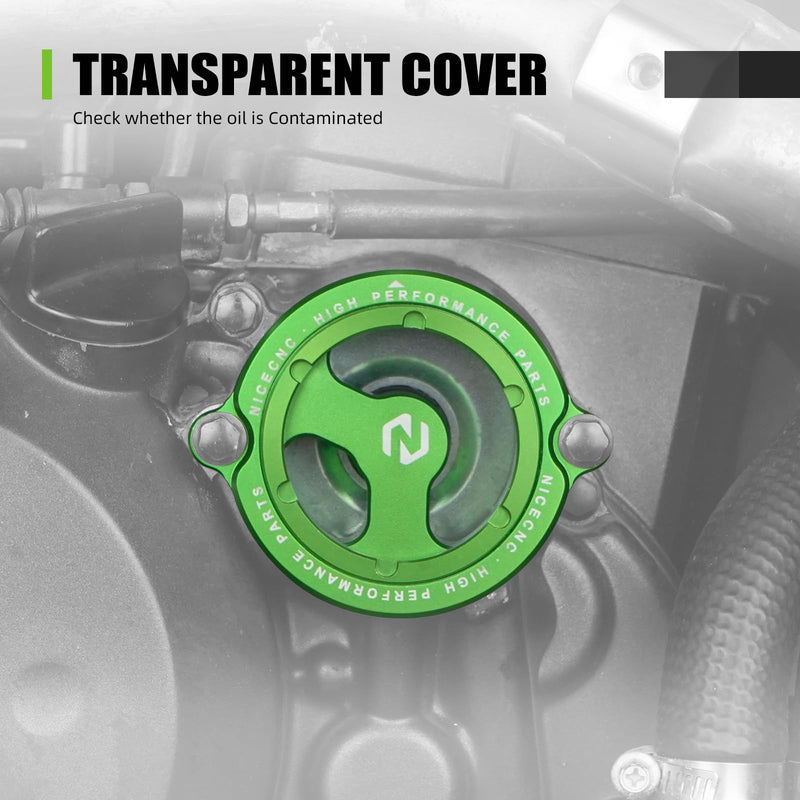 NICECNC Clear Oil Filter Cap Compatible with Kawasaki KLR650 1987-2024, Anodization, 6061-T6 Billet Aluminum, CNC-machined, Green