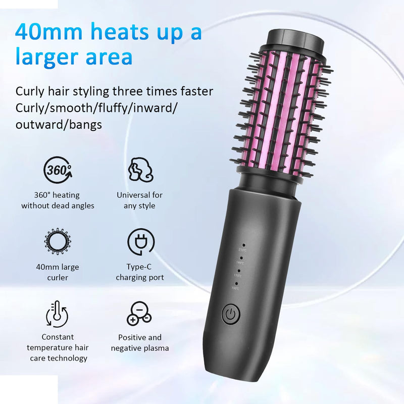  [AUSTRALIA] - Cordless Curling Iron Brush, Cordless Hair Curler and Straightener Brush | 2 in 1 7000Mah Portable Travel Iron Mini, Rechargeable Curling Wand with Negative Ion, 150℃-210℃ (Gery) Gery