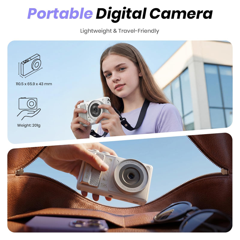 5K Digital Camera for Photography, 2026 Latest 80MP Autofocus WiFi Vlogging Camera for YouTube, 3'' 180° Flip Screen Compact Travel Camera for Beginners with 16X Zoom, 32GB TF Card, Flash (White) White