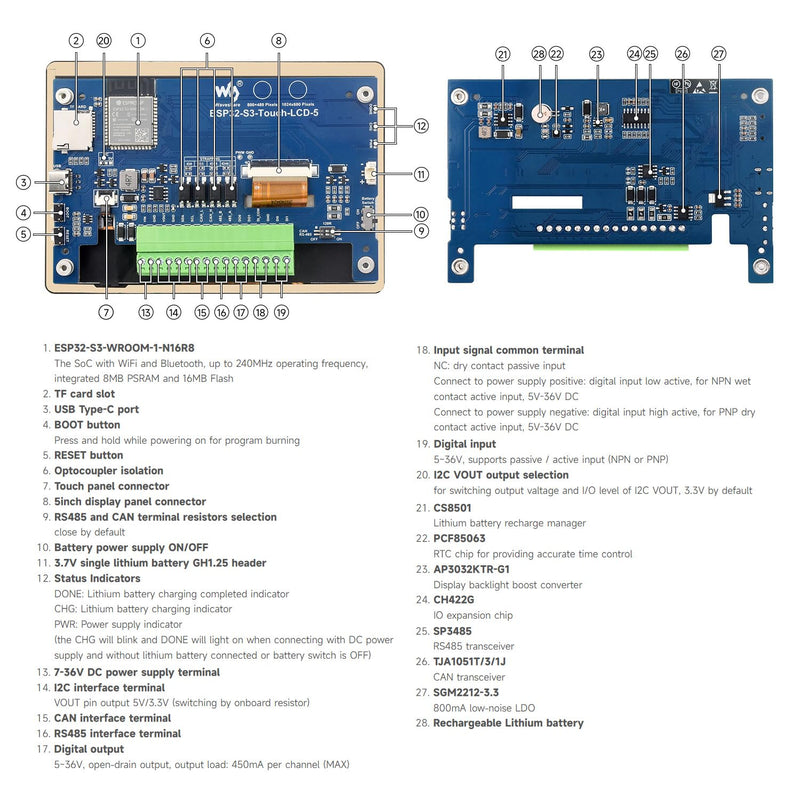 Waveshare ESP32-S3 5inch Capacitive Touch Display Development Board, 5-Point Touch, 32-Bit LX7 Dual-Core Processor, Support Wi-fi & BLE, with Onboard Antenna, 800×480 Display Resolution