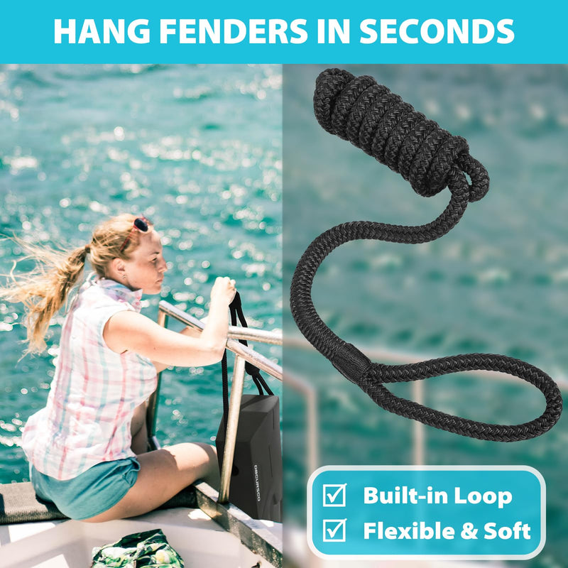 Obcursco 4 Pack 3/8" x 6FT Boat Fender Lines - Marine Grade Double Braided Nylon Rope with 5" Eyelet for Tying Bumpers & Docking, Fray Resistant, Black