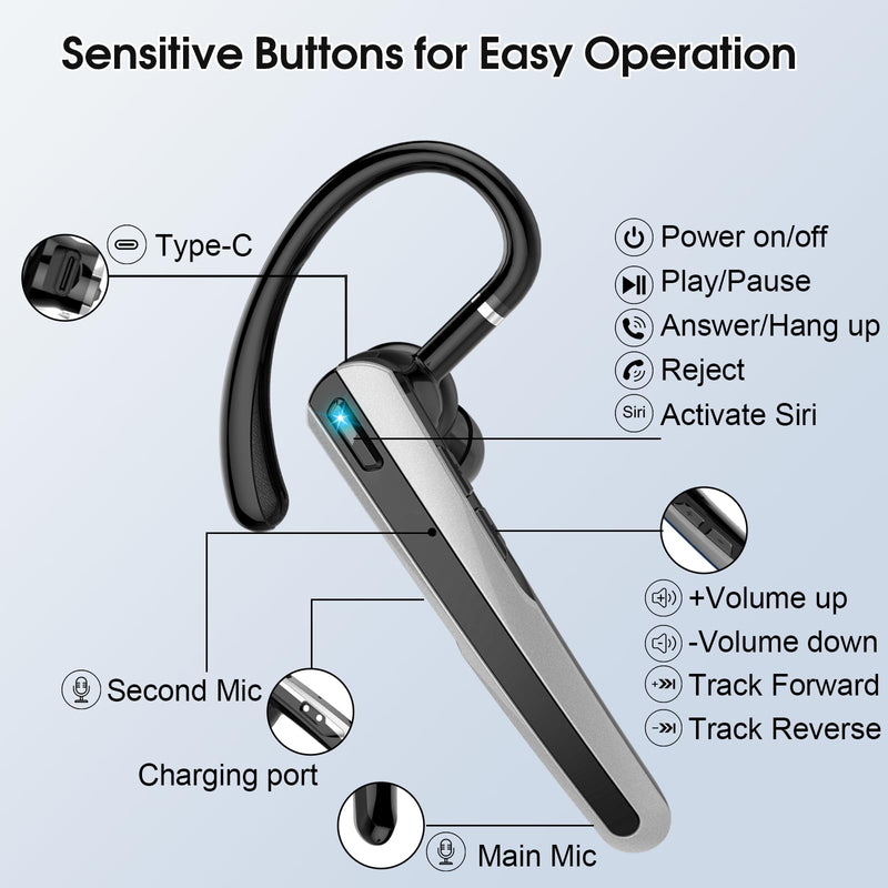 Bluetooth Headset V5.3, Wireless Headset with ENC Noise Canceling Mic | 120Hrs Talk Single-Ear Bluetooth Earpiece, LED Display, IP7 Waterproof Hand-Free Earphone for Business/Trucker/Driver Mysterious Black