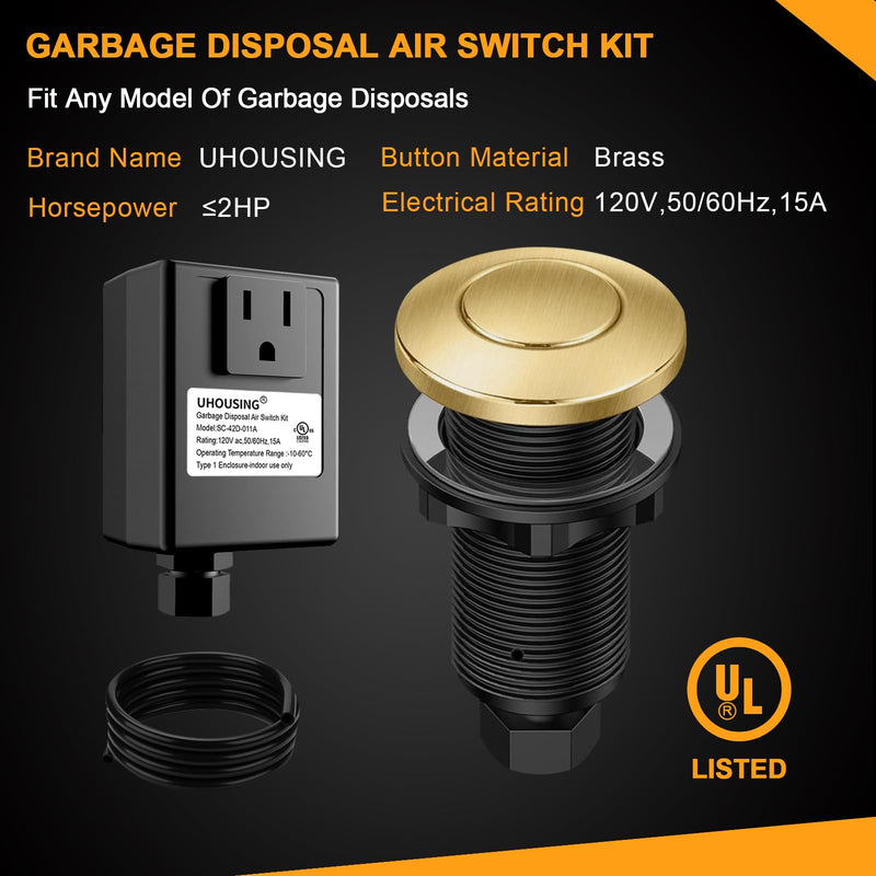 Garbage Disposal Air Switch Kit - UL Certified Sink Top Switch with Long 3.5" Brass Button by UHOUSING, Complete All-in-One Kit for All Disposals (Brushed Gold) Brushed Gold