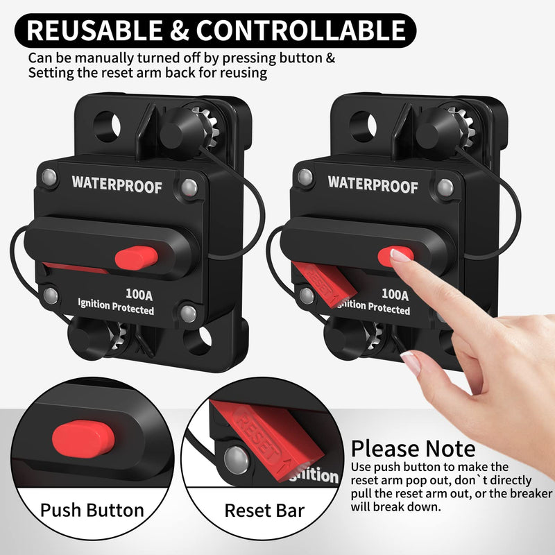 DaierTek 100 Amp Circuit Breaker 12V - 48V, DC 12 Volt Circuit Breaker 100A Inline with Manual Reset Waterproof for Marine Boat Trolling Automotive Car RV ATV Audio-2Pack CB-03