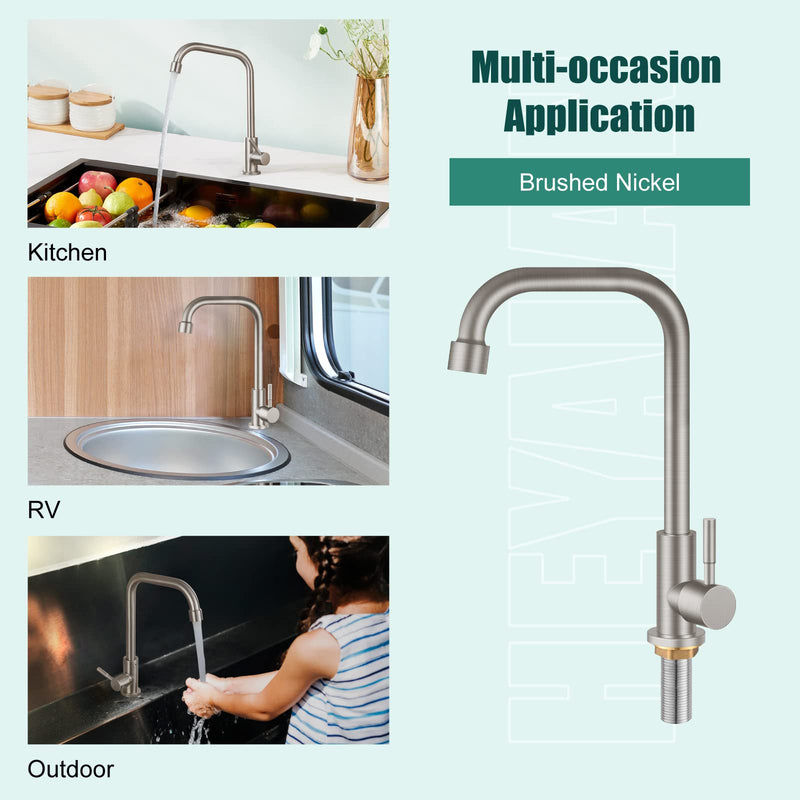 Heyalan Faucet Cold Water Only Single Lever Handle SUS304 Sink Bar Tap 360 Degree Swivel Spout Decked Mounted Longer Thread Pipe,Brushed Nickel Brushed Nickel