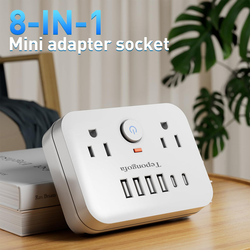 Wall Charger,Surge Protector Outlet Extender, Multi Plug Splitter with 2 Electrical Outlets 4 USB Ports(2 USB C), Multiple Plug Mini Wall Expander for Home Bathroom Office Dorm Room Essentials (White) White