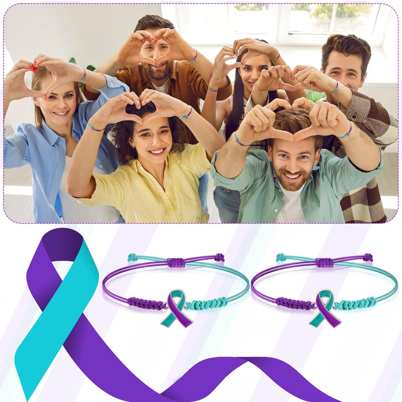 Sasylvia 20/100/150 Pcs Suicide Prevention Awareness Bracelets Adjustable Cord Purple Teal Ribbon Braided Bracelets Inspirational Suicide Prevention Gifts for Women Men Jewelry Accessories 100
