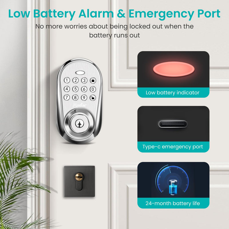 Keyless Entry Door Lock, Keypad Smart Deadbolt for Front Door, Electronic Keypad Code with Auto Lock, One-Time Code, Anti-Peeping Password, Easy Installation, Silver