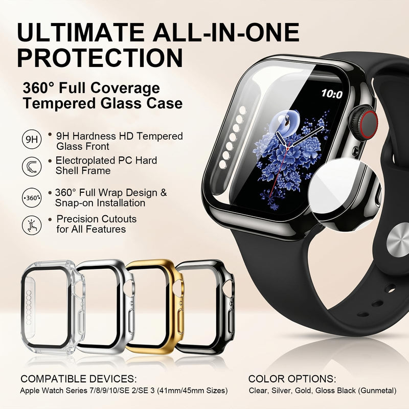 4 Pack Hard Case for Apple Watch Screen Protector Compatible with Apple Watch 40mm SE 3/2nd/Series 6/5/4 with Tempered Glass Screen Protector, Full Coverage Anti-Scratch Plated PC Cover Case Black/Gold/Silver/Transparent 40mm Series 4/5/6/SE/SE 2nd