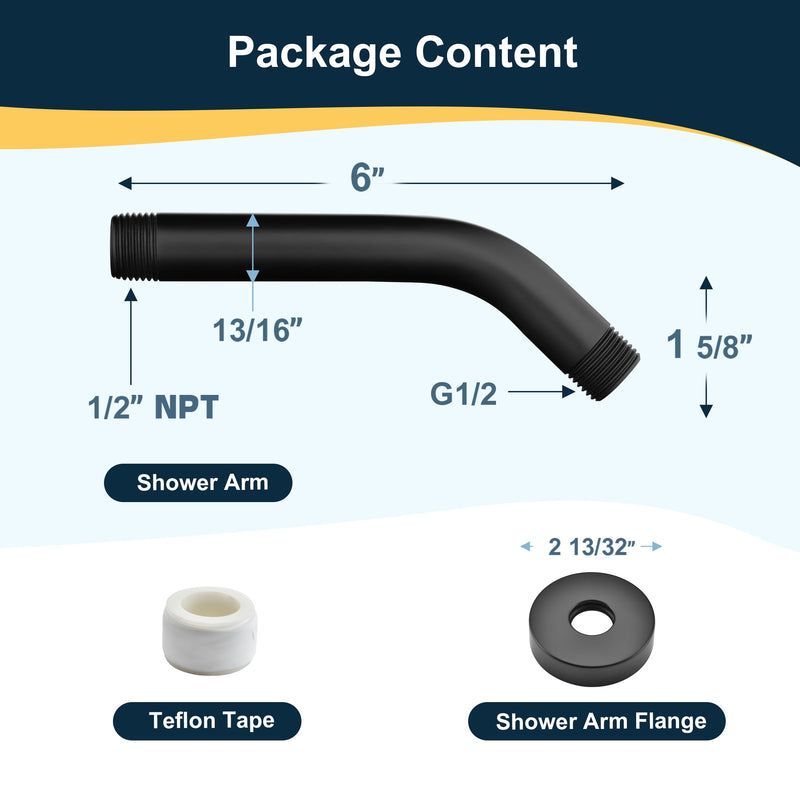 BRIGHT SHOWERS Shower Arm with Flange, Solid Brass 6 Inch Wall Mount Shower Head Extension, Extra Thick All Metal Shower Pipe Arm and Shower Neck Replacement, Matte Black Basic 6 Inch