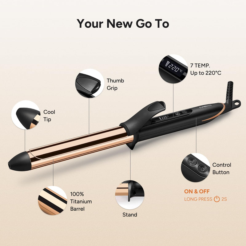 25mm Titanium Curling Tongs - Hair Curler Anodised for Bouncy Curls | 20s Fast Heating | 7 Heat Settings | 1h Auto Shutoff | Polished Curling Iron for Medium Long Hair | Includes Heatproof Bag 25mm