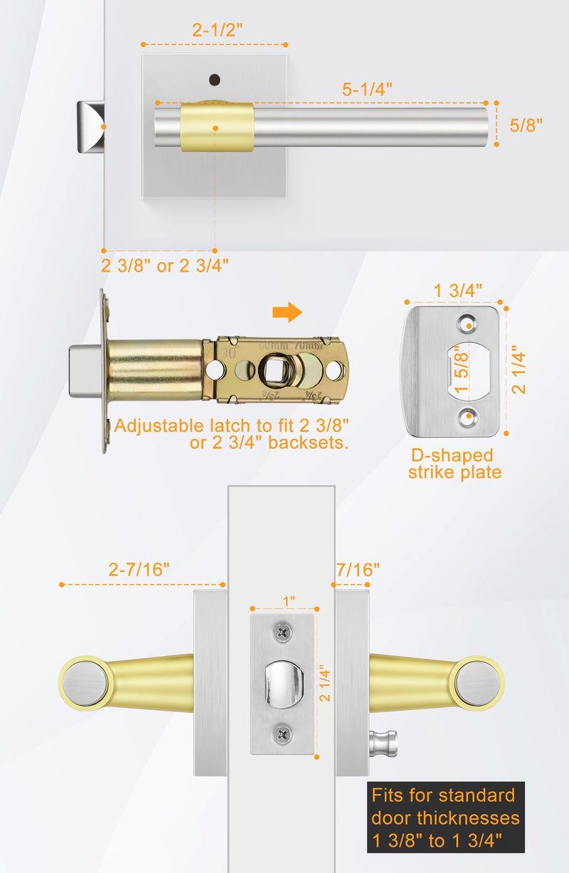 Goldenwarm 1 Pack Silver and Gold Interior Door Handles, Heavy Duty Privacy Door Handles Levers, Brushed Nickel Door Handles Interior for Bedroom and Bathroom(Square, Zinc Alloy) Brushed Nickel and Gold