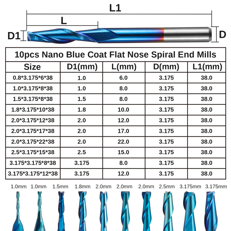 Genmitsu 10pcs 2-Flute Nano Blue Coat Flat Nose Spiral End Mill, 1/8'' Shank, 1.0mm-3.175mm Cutting Diameter, CNC Router Bits for Wood Working Acrylic MDF PVC ABS, FN10A