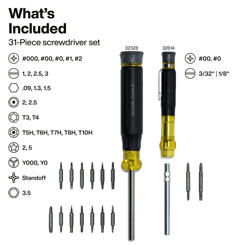 Klein Tools 80209 Precision Multi-Bit Screwdriver Set, 31-Piece, Cushion Grip Handle, Bits for Apple Product Repair, Phillips, Slotted, Hex, and TORX for Electronic Repair 2-Piece
