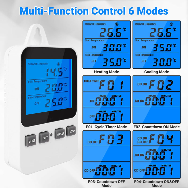 Temperature Controlled Outlet Thermostat Plug 120V Heating Cooling Control Timer Thermostat Outlet Backlit Display Digital Temperature Controller Tc810