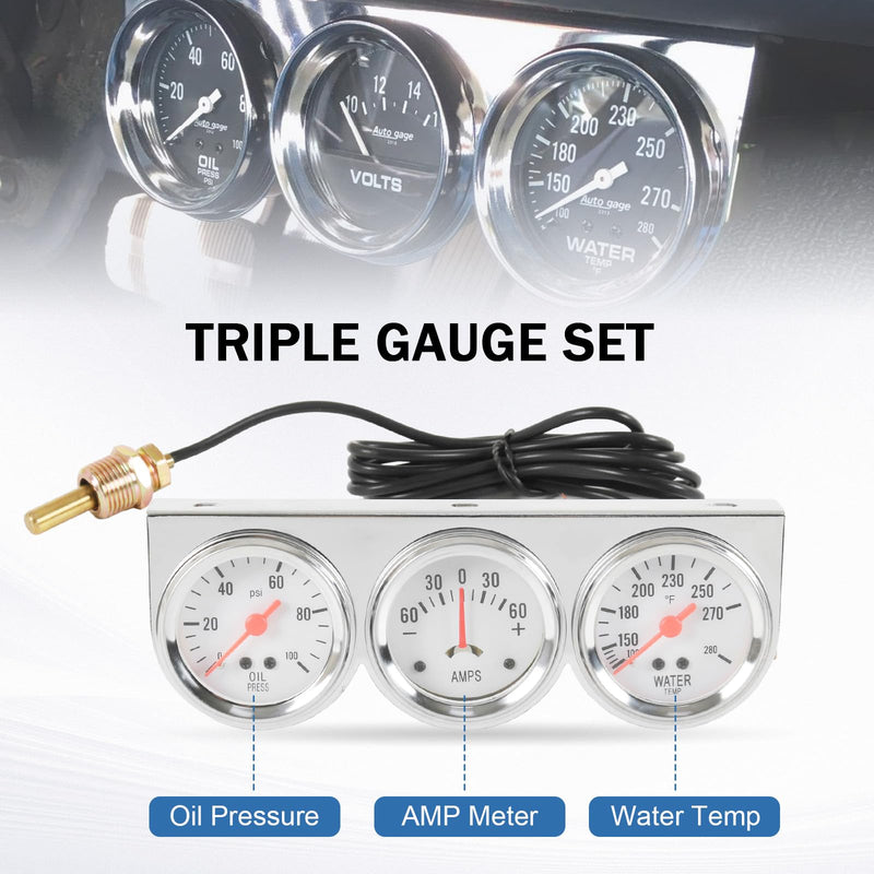 JDMSPEED 2" 52mm Triple Gauge Set Kit (Oil Pressure Gauge + Water Temperature Gauge + AMP Meter) 3‑in‑1