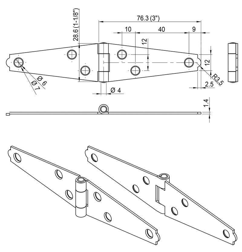 QCAA Light Strap Hinge, Steel, 3", Zinc Plated, 12 Pack, Made in Taiwan 12pack(3")