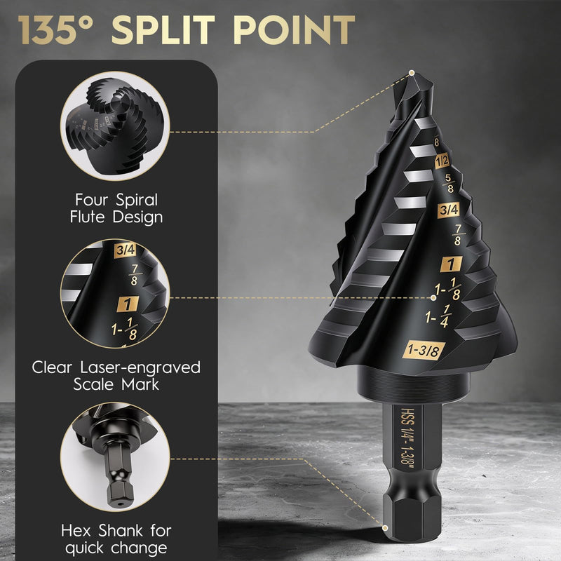 5PCS Titanium Step Drill Bit - Four Spiral Flute HSS Step Bit, 50 Sizes from 3/16" to 1-3/8", Steps Bits for Metal, Aluminum, Wood & Plastic, for Electricians & DIY 5PCS Four Spiral