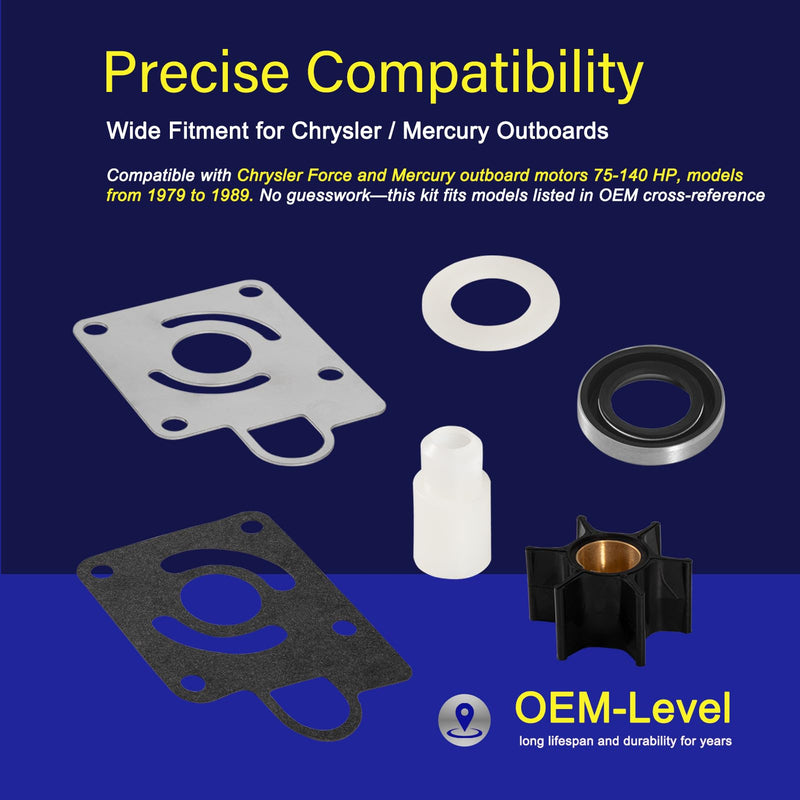 Water Pump Impeller Kit #12012 / FK1069 for Chrysler Force & Mercury 75-140 HP Outboards (1979-1989) – Full Impeller, Oil Seal & Hardware Rebuild Kit