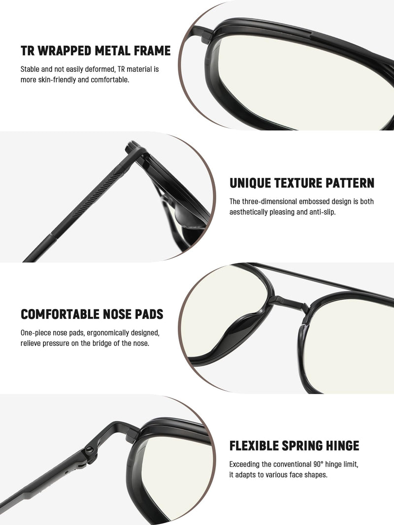 kimorn Blue Light Blocking Aviator Glasses for Women Men | Clear Lens, TR90 Metal Frame, UV400, Office Gaming Black