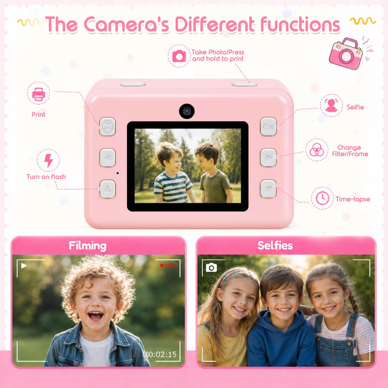 Instant Print Camera for Kids, 1080P Kids Camera Instant Print, Christmas Birthday Gifts for Kids Girls Age 3-12, Toddler Toy for 3 4 5 6 7 8 9 10 Year Old with 4 Roller Photo Paper (Pink) Pink