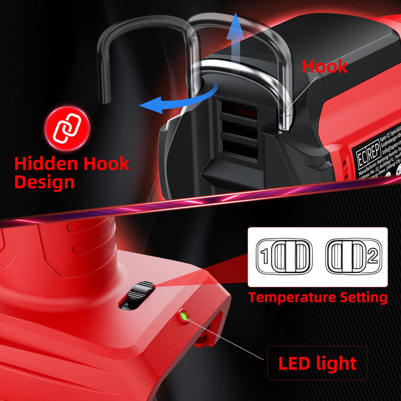 Cordless Heat Gun for Milwaukee 18V Battery, 350W 1022°F (550°C) Soldering Heat, Variable Temperature Control Hot Air Gun Kit with 4 Nozzles and Scraper, for Shrink Tubing, PVC Wrap(NO Battery) Red