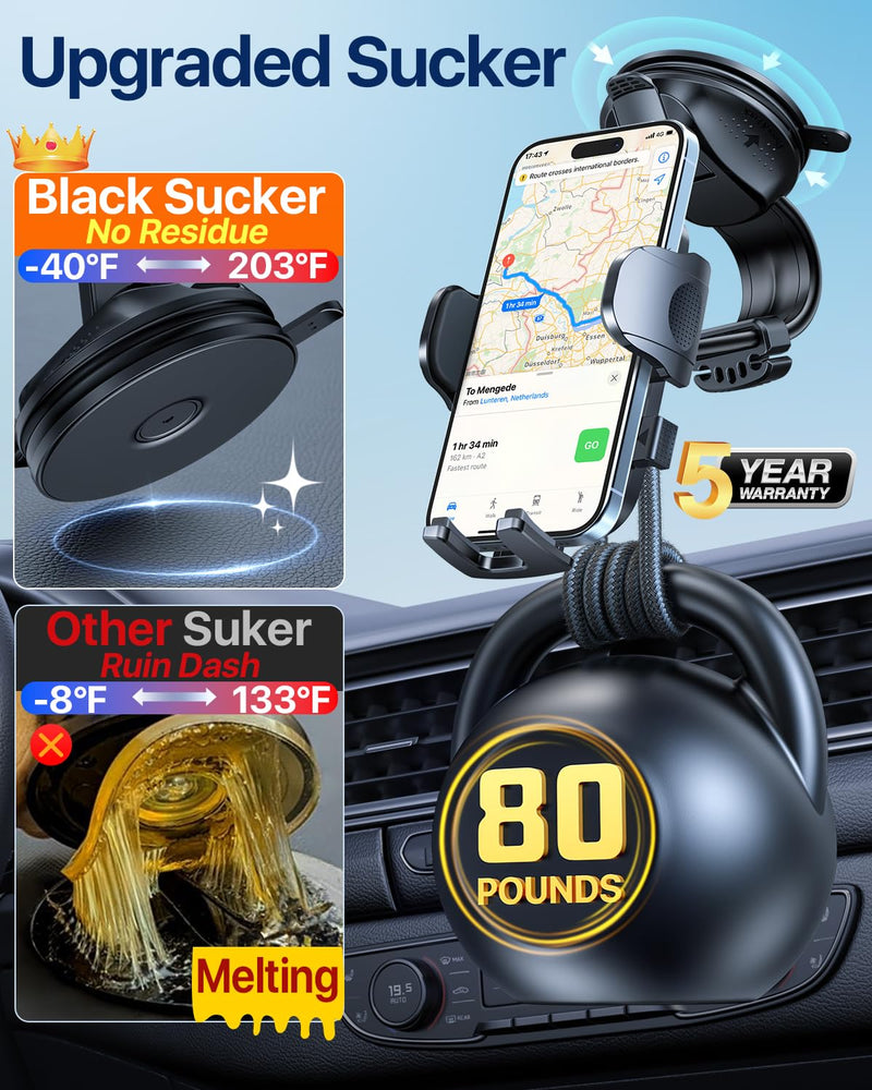 Upgraded Strongest Suction No Block View Bendable Arm Car Phone Holder | Military-Grade Rotatable Dashboard Windshield Vent Cellphone Mount Cradle Stand for iPhone 17 16 15 14 13 Pro Max Light Gray