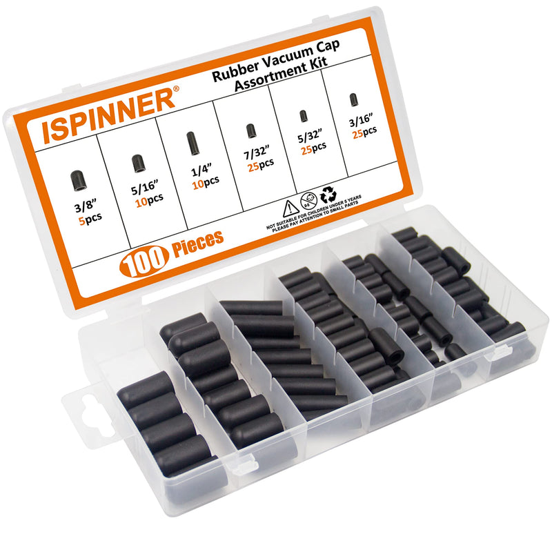 ISPINNER 100pcs Rubber Vacuum Caps Assortment Kit, Hose End Caps for Carburetor, Manifold, Automotive 3/16" 5/32" 7/32" 1/4" 5/16" 3/8" 100
