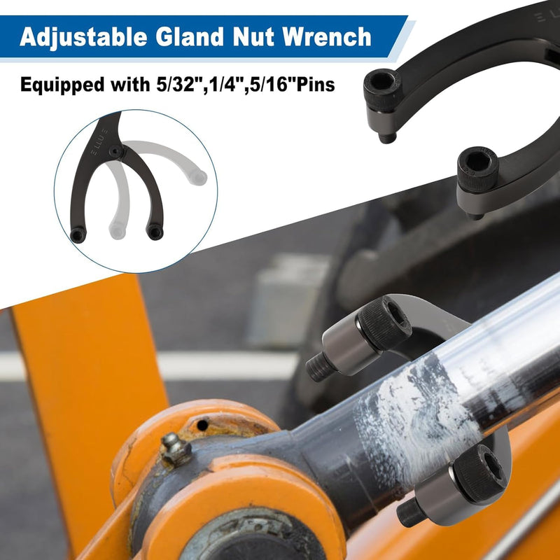 LLU 8.3-inches Heavy Spanner Wrench with Handle, Adjustable Gland Nut Wrench for Removing Hydraulic Cylinder Glands Under 5 Inches, Includes 5/32", 1/4", 5/16" Pins, Gloves, and Towel