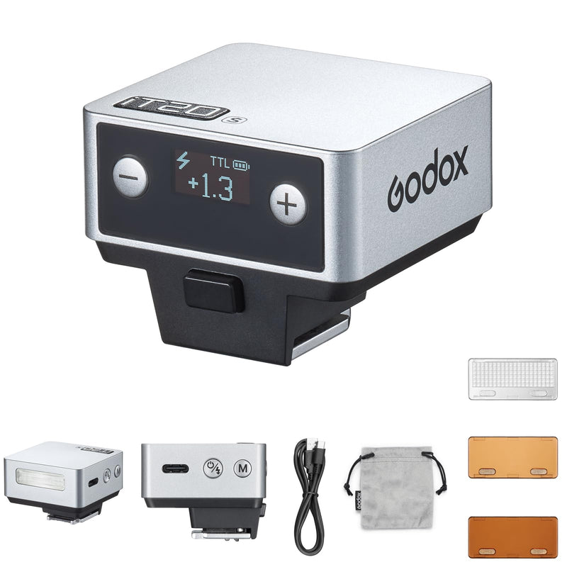 Godox IT20 S IT20S Mini Camera Flash for Sony, TTL Godox Flash,700+ Full Power,1.5s Recycle Time,USB-C Charging, with Magnetic Diffuser & Filter -Silver | 700+ Full Power,1.5s Recycle Time,USB-C Charging, with Magnetic Diffuser & Filter Silver