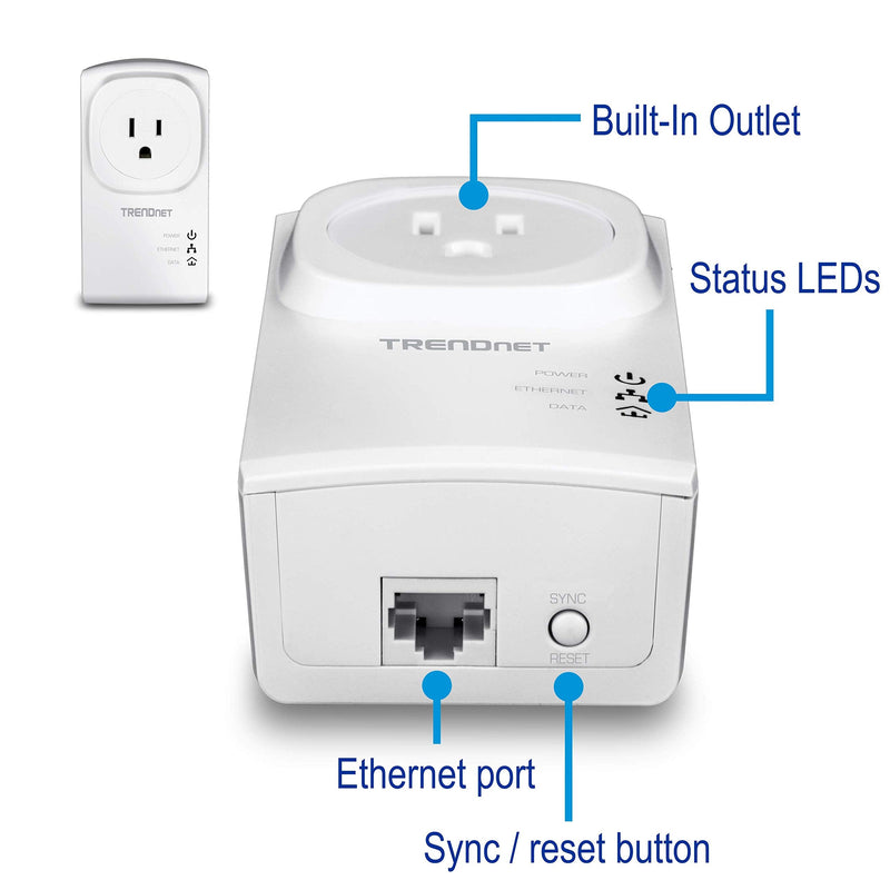 TRENDnet Powerline 500 AV Nano Adapter Kit with Built-in Outlet, Power Outlet Pass-Through, Includes 2 x TPL-407E Adapters, Plug & Play, Ideal for Smart TVs, Gaming, White, TPL-407E2K AV 500 Pass-Through Starter Kit