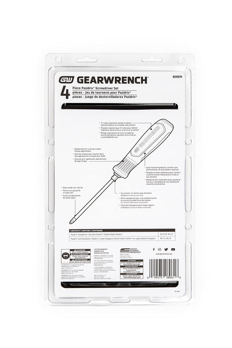 GEARWRENCH 4 Pc. Pozidriv Dual Material Screwdriver Set - 80061H