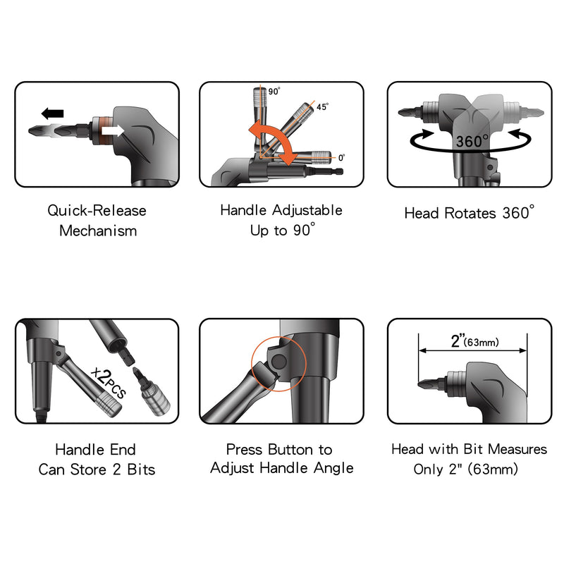 KESI Tool 1/4" Dr Impact Right Angle Drill Attachment, Right Angle Drill, 360° Rotating Head, 90° Adjustable Handle, Quick-Release Mechanism, Compatible with Impact Drivers & Manual Tools 1/4" Drive