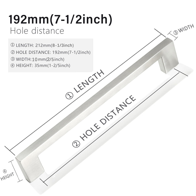 Cabinet Pulls Brushed Nickel Cabinet Handles Square Drawer Pulls, 10 Pack 7-1/2 Inch Stainless Steel Kitchen Door Cupboard Cabinet Handles, Drawer Hardware Handles, 192mm Hole Centers 7-1/2 inch Hole Centers(192mm)