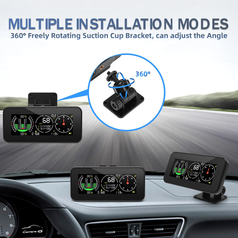 Car Inclinometer Angle Slope Meter Digital HUD GPS Level Tilt Meter MAIMEIMI, Real-time Multifunctional Vehicle tilt, Pitch Angle, Speed with Dashboard Compass Display for 11.5-30V Off-Road Vehicles