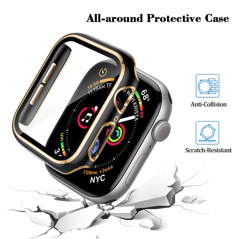 Tempered Glass Screen Protector for Apple Watch case Series SE 11 10 9 8 7 6 5 4 40mm 44mm 41mm 45mm 49mm 42mm 46mm Waterproof Cover PC Protective Bumper for iwatch. (41mm,Black/Gold) Black/Gold