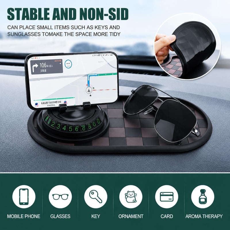 3-Pack Car Anti Slip Mat Phone Holder, PVC Car Dashboard Non-Slip Pad Set | 1 large dashboard anti-slip mat + 2 carbon fiber sunglass holder pads, PVC design, anti-slide during sudden brake
