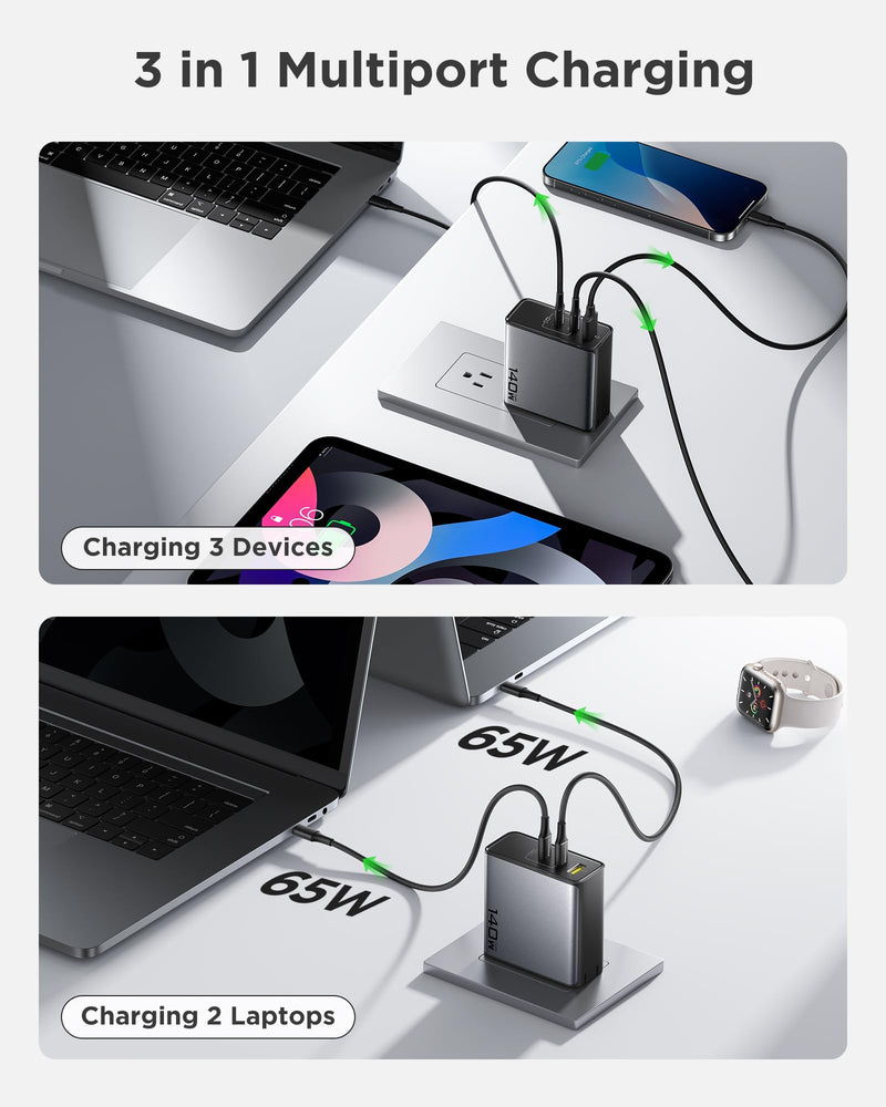 PISEN 140W USB C Charger - PD3.1 GaN Fast Charger USB C 3-Port Foldable Charging Block 140Watt Power Adapter with 6FT 240W Type-C Cable, 140W Charger for MacBook, Laptops, Samsung, iPad, iPhone Series