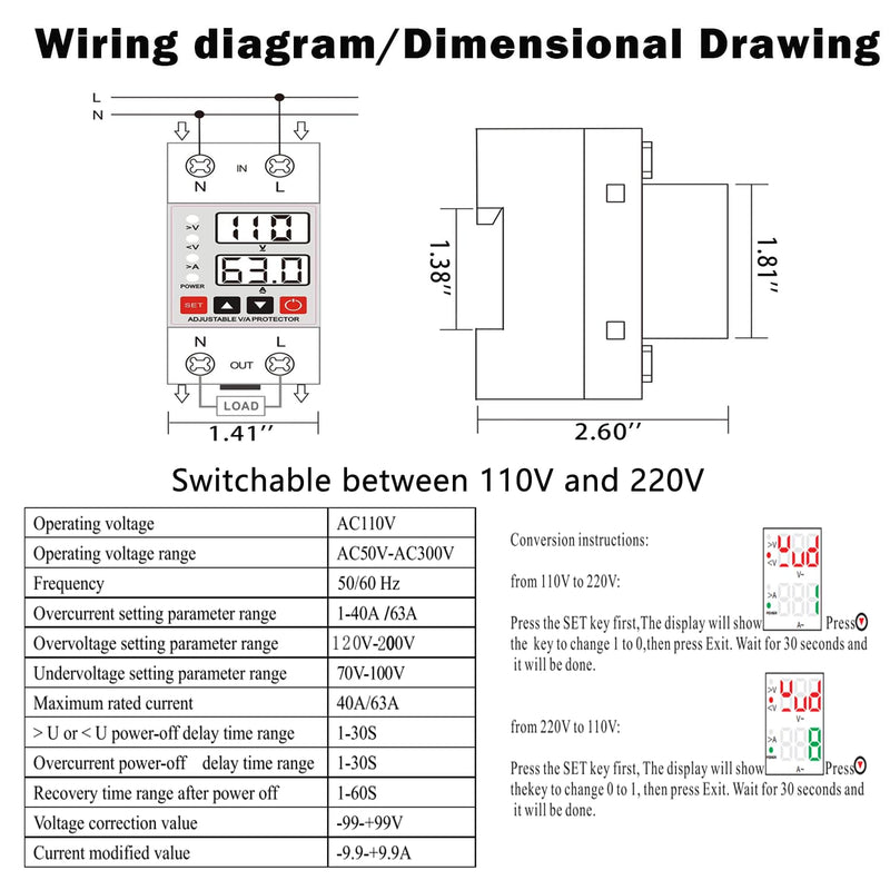 63A Smart Voltage Protector 110V 220V, LCD Display, Adjustable Over/Under Voltage Protection, DIN Rail Mount, 2 Pack 63A 2pcs
