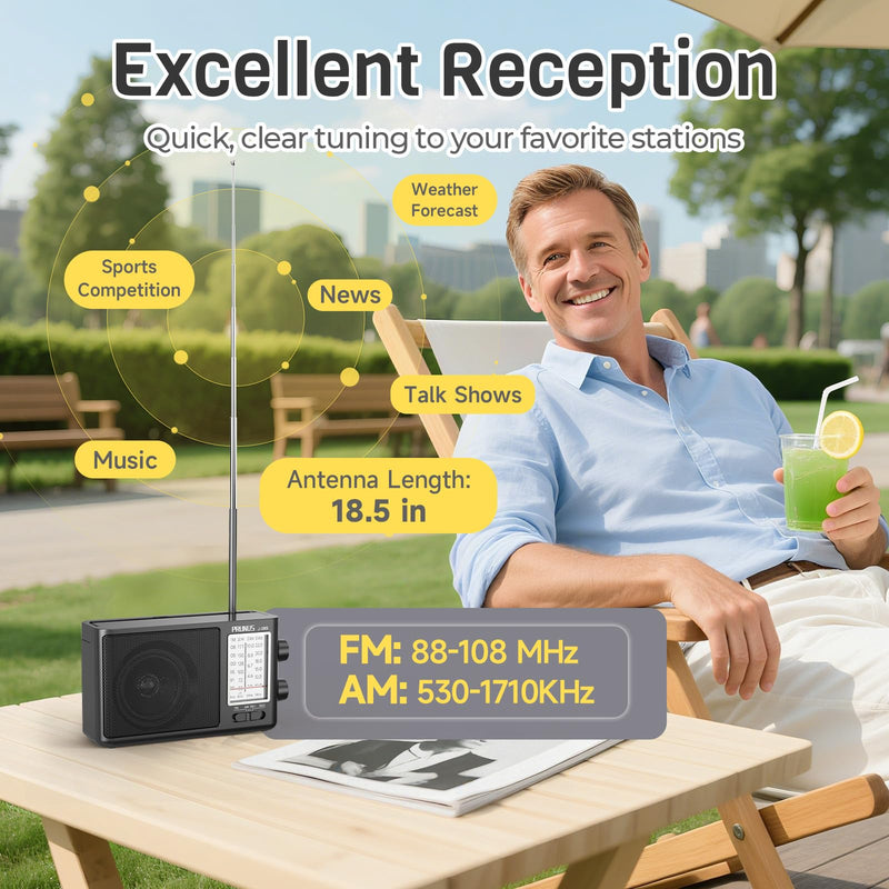 PRUNUS J08 Portable Radio AM FM with Solar, Battery and USB Charging | Loud Speaker, Excellent Reception, Big Knobs Easy to Use for Senior, for Indoor and Outdoor, Transistor Radio