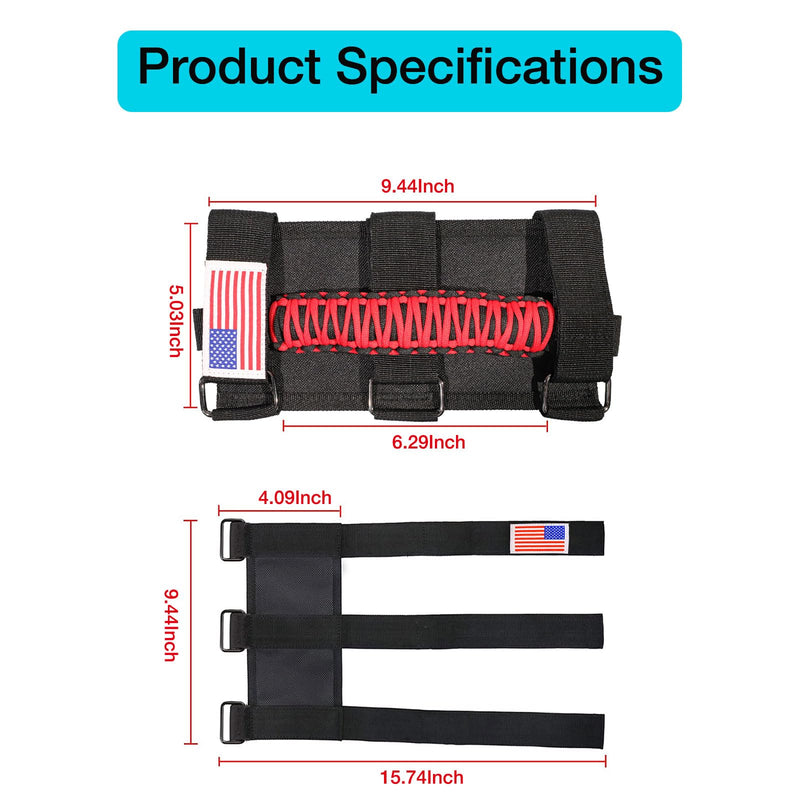 GAIZON 4 Pack Grab Handles Paracord Roll Bar for Jeep Wrangler Accessories CJ YJ TJ JL JK LJ JLU JKU Sahara Freedom Rubicon,Gladiator JT 1955-2023 Interior Accessories with America Flag(Red) Red