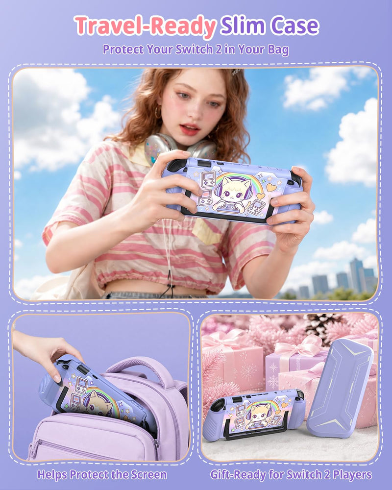 FASTSNAIL Protective Cute Case Cover for Nintendo Switch 2 with Cartoon Cat | TPU Switch 2 Dockable Case with Cat Pattern, Military Protection, Split Design, Ergonomic Grip, PC Front Cover, 12 Game Slots Purple Cartoon Cat Switch 2 Cover with Front Case