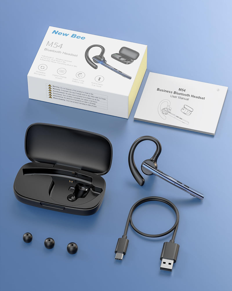 New Bee Bluetooth Headset V5.1 72H Talk Time Dual Mic with Mute Button for Business, Wireless Hand-Free Bluetooth Earpiece with 500mAh Charging Case for Cell Phone Calls Trucker Driver Laptop Blue M54